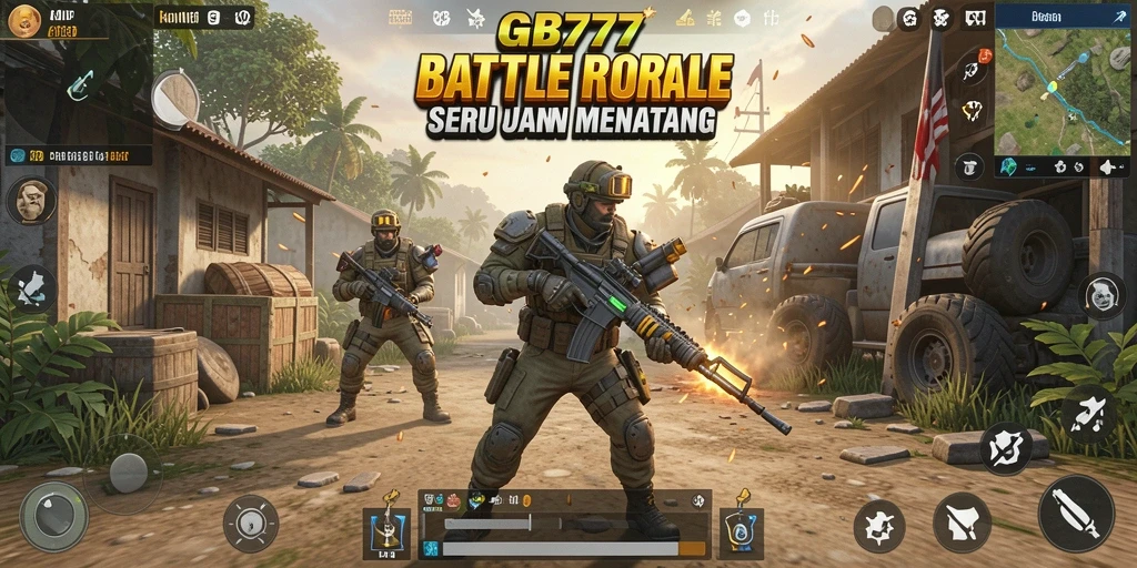 Screenshot GB777 menunjukkan aksi gameplay intens dan kolaborasi tim dalam Battle Royale.