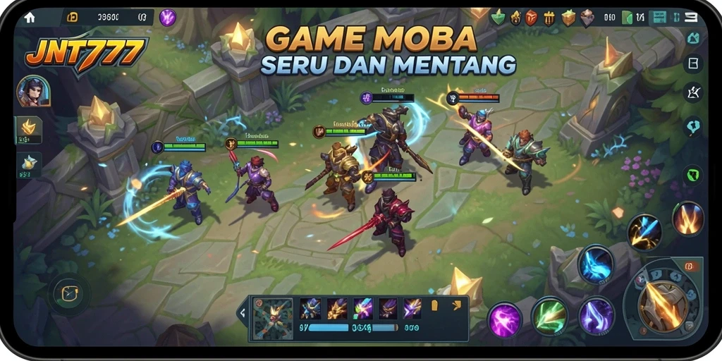 Tampilan gameplay seru dalam JNT777 dengan aksi MOBA yang mendebarkan.