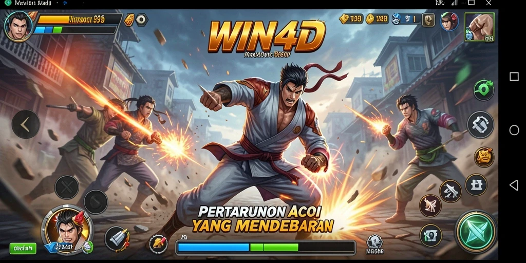Tangkapan layar utama WIN4D menampilkan aksi pertempuran yang mendebarkan.